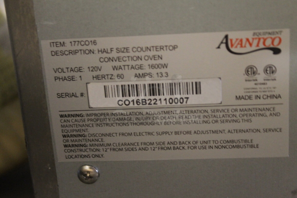 Avantco 177CO16 Commercial Stainless Steel Countertop Half Size Convection Oven With Steel Racks. 120V. Tested and Working! - Image 5 of 5