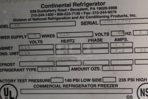 Continental 2R Commercial Stainless Steel 2 Door Reach-In Cooler With Polycoated Shelves. 115V, 1 Phase. Tested and Working! - Image 7 of 7