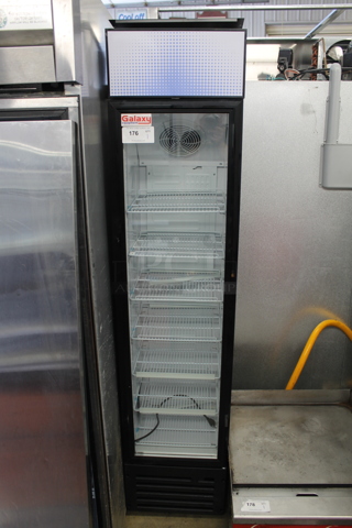 BRAND NEW SCRATCH AND DENT! Galaxy 177GDN5RBB Commercial Black Single Door Display Merchandiser Cooler With Polycoated Shelves. 110-120V. Cannot Test - Unit Trips Breaker
