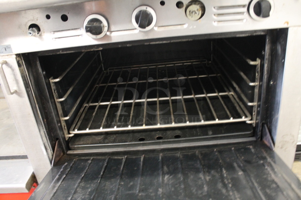 Garland M47R Commercial Stainless Steel Natural Gas Powered Griddle With Oven And Backsplash With Overshelf.  - Image 6 of 9
