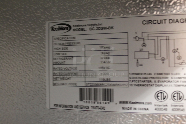 BRAND NEW SCRATCH AND DENT! KoolMore BC-2DSW-BK Commercial 2-Door Black Back Bar Cooler With Polycoated Shelves. 115V. Tested and Working! - Image 7 of 7