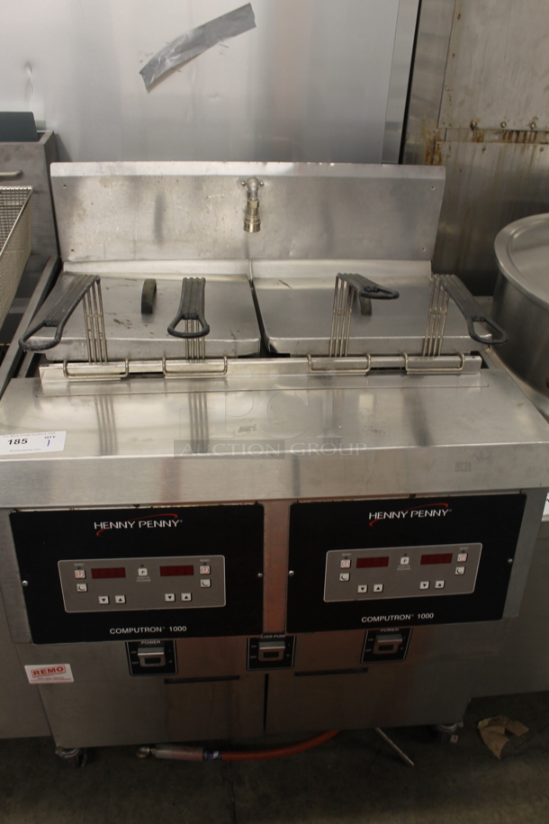 2014 Henny Penny OFG-322 Computron 1000 Commercial Stainless Steel Natural Gas Open Floor Fryer With 2 Wells And 4 Fryer Baskets. 120V, 1 Phase. 170,000 BTU.  - Image 2 of 8