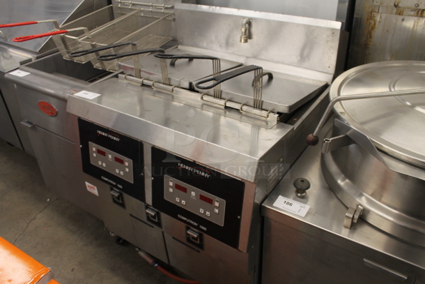 2014 Henny Penny OFG-322 Computron 1000 Commercial Stainless Steel Natural Gas Open Floor Fryer With 2 Wells And 4 Fryer Baskets. 120V, 1 Phase. 170,000 BTU.  - Image 4 of 8