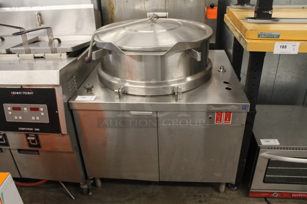 Vulcan-Hart BDMT-40 Commercial Stainless Steel Direct Steam Powered Tilt Cooking Kettle On Two Door Base With Galvanized Legs. 120V, 1 Phase.  - Image 1 of 7
