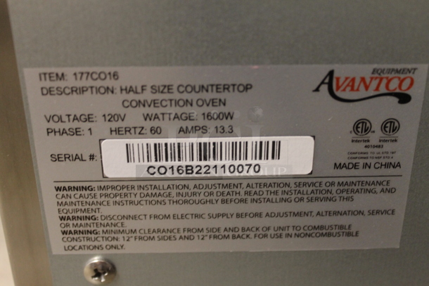 Avantco 177CO16 Commercial Stainless Steel Half Size Countertop Convection Oven With Steel Racks. 120V, 1 Phase. Tested and Powers On But Does Not Get Hot - Image 5 of 5