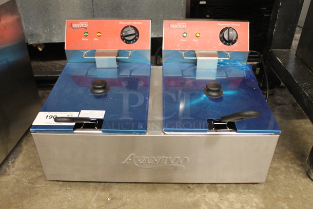 BRAND NEW SCRATCH AND DENT! Avantco 177F102 Commercial Stainless Steel Countertop Double Fryer With 2 Fryer Baskets. 120V.  - Image 1 of 5
