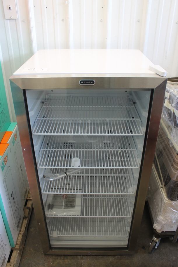 BRAND NEW SCRATCH AND DENT! Whynter CBM-815WS Commercial Stainless Steel/White Freestanding 8.1 cu. ft. Beverage Merchandiser Cooler With Superlift Door, Lock And Polycoated Shelves. Tested And Working!  - Image 1 of 12