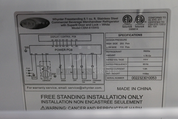 BRAND NEW SCRATCH AND DENT! Whynter CBM-815WS Commercial Stainless Steel/White Freestanding 8.1 cu. ft. Beverage Merchandiser Cooler With Superlift Door, Lock And Polycoated Shelves. Tested And Working!  - Image 10 of 12