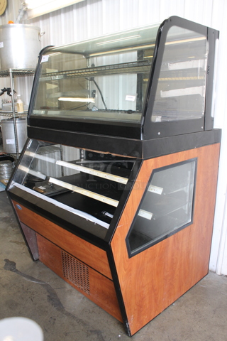 Federal Industries RSS4R-6 Commercial Vertical Open Air Cooler With Multiple Levels With One In Black And One Wood Style With Steel Shelves. 120V, 1 Phase. Tested and Top Compartment Is Working But Bottom Compartment Does Not Get Cold