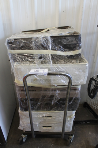 ALL ONE MONEY! Lot of Dish Caddies With Coffee Mugs On Cart With Commercial Casters.