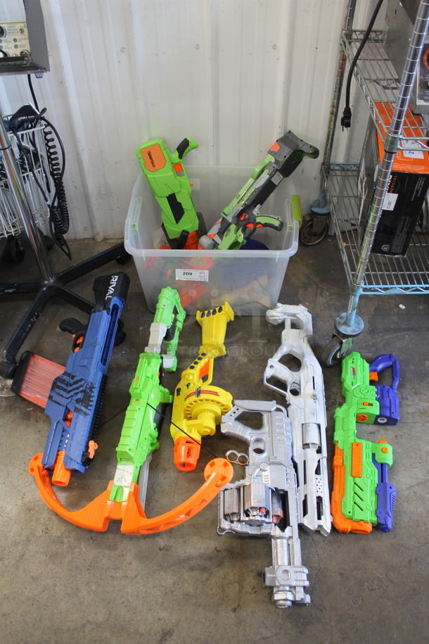 ALL ONE MONEY! Lot of 7 Items Including Rubber Storage Bin With Children's Toys Including Nerf Guns - Image 1 of 6