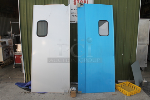 BRAND NEW SCRATCH AND DENT! 1 Single Regency 600TD3684 Aluminum Swinging Traffic Door And 1 Blue Swinging Traffic Door Both With Windows And Hardware. 2 Times Your Bid! 