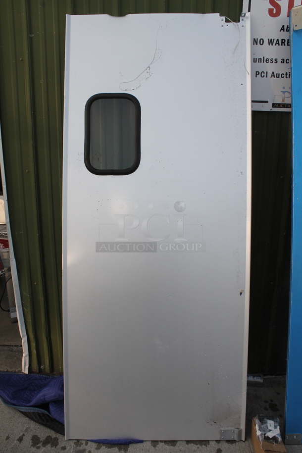 BRAND NEW SCRATCH AND DENT! 1 Single Regency 600TD3684 Aluminum Swinging Traffic Door And 1 Blue Swinging Traffic Door Both With Windows And Hardware. 2 Times Your Bid!  - Image 2 of 12