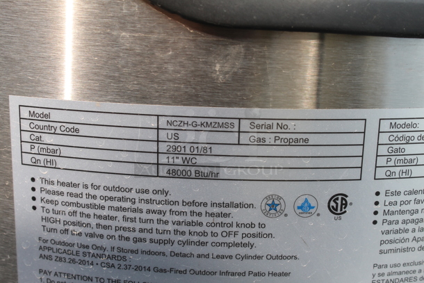 NCZH-G-KMZMSS Commercial Stainless Steel Propane Gas Patio Heater On Commercial Casters. 48,000 BTU. - Image 7 of 8