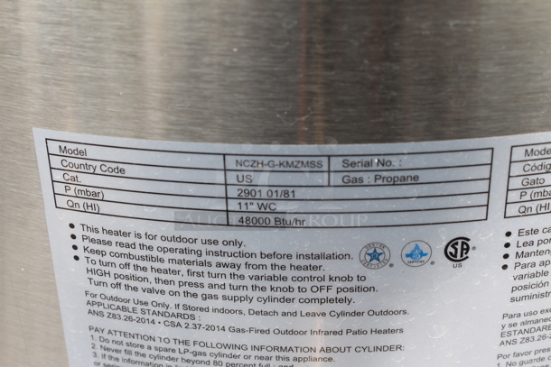 NCZH-G-KMZMSS Commercial Stainless Steel Propane Gas Patio Heater On Commercial Casters. 48,000 BTU. - Image 7 of 8