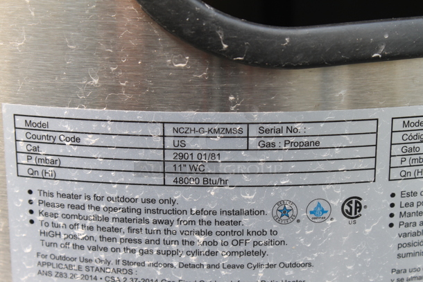 NCZH-G-KMZMSS Commercial Stainless Steel Propane Gas Patio Heater On Commercial Casters. 48,000 BTU. - Image 6 of 8