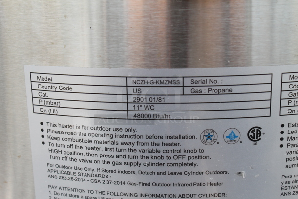 NCZH-G-KMZMSS Commercial Stainless Steel Propane Gas Patio Heater On Commercial Casters. 48,000 BTU. - Image 5 of 6