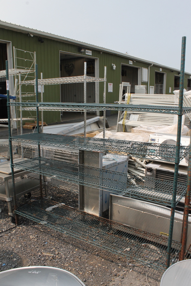 Green Open Utility Shelf With Metro Style Shelving. BUYER MUST DISMANTLE. PCI CANNOT DISMANTLE FOR SHIPPING. PLEASE CONSIDER FREIGHT CHARGES. - Image 1 of 6