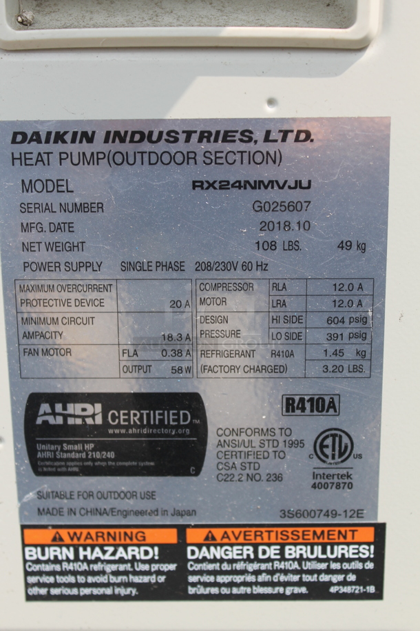2018 Daikin RX24NMVJU Mini Split Heat Pump. 208/230V, 1 Phase.  - Image 7 of 8