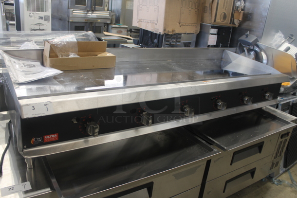BRAND NEW SCRATCH AND DENT! 2016 CPG 351GTUCPG72N Cooking Performance Group Ultra Series Commercial Stainless Steel Natural Gas Powered 72" Countertop Chrome Top Flat Top Griddle With Thermostatic Controls. 180,000 BTU.  - Image 1 of 11