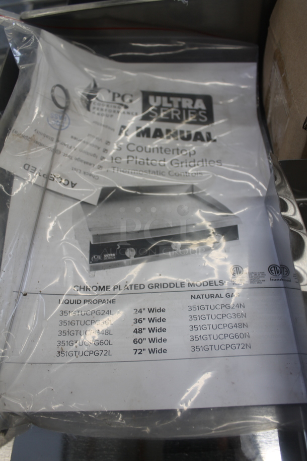 BRAND NEW SCRATCH AND DENT! 2016 CPG 351GTUCPG72N Cooking Performance Group Ultra Series Commercial Stainless Steel Natural Gas Powered 72" Countertop Chrome Top Flat Top Griddle With Thermostatic Controls. 180,000 BTU.  - Image 8 of 11
