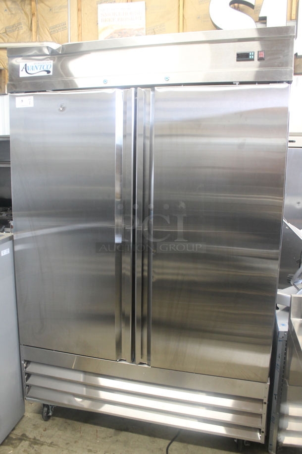 BRAND NEW SCRATCH AND DENT! Avantco 178SS2FHC Commercial Stainless Steel Two Door Reach-In Freezer On Commercial Casters. 115V. Tested and Working! - Image 1 of 11