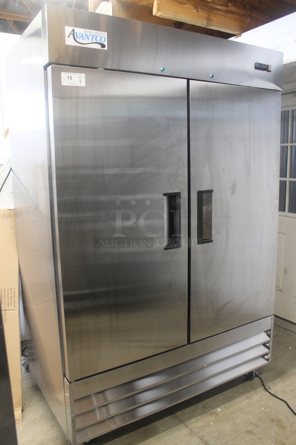 BRAND NEW SCRATCH AND DENT! Avantco 178A49RHC Commercial Stainless Steel Two-Door Reach-In Cooler With Shelving On Commercial Casters. 115V. Tested and Working! - Image 1 of 10