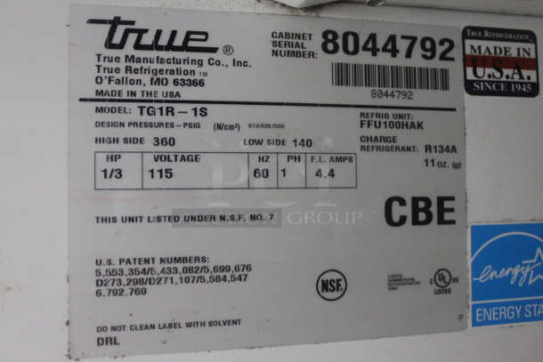 2014 True TG1R-1S Commercial Stainless Steel Single Door Reach-In Cooler With Polycoated Shelves. 115V, 1 Phase. Tested and Working! - Image 5 of 5