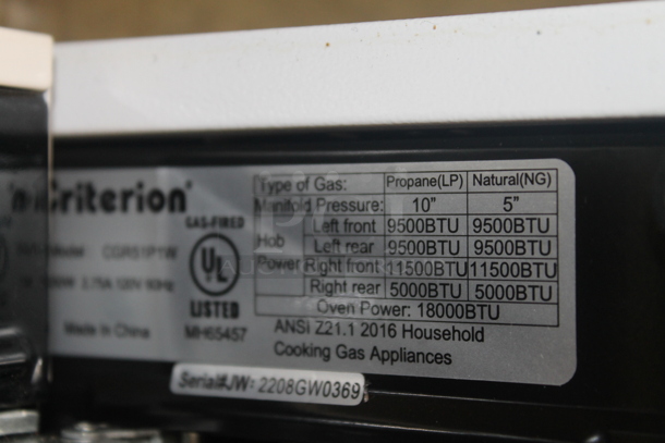 BRAND NEW SCRATCH AND DENT! 2016 Criterion CGR51P1W White Household Cooking Natural Gas 4 Burner Stove And Oven And Broiler With Steel Racks.  - Image 11 of 12