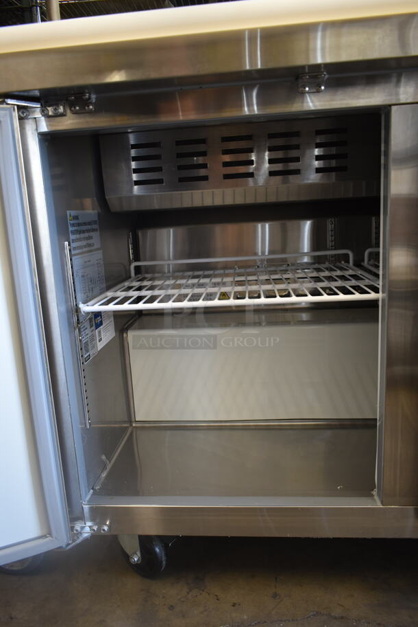 LIKE NEW! 2022 Avantco 178APT48HC Stainless Steel Commercial Sandwich Salad Prep Table Bain Marie Mega Top on Commercial Casters. 115 Volts, 1 Phase. Unit Has Only Been Used a Few Times! Tested and Working!  - Image 7 of 10