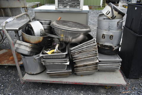 Metal Flat Push Cart w/ Contents on Casters.