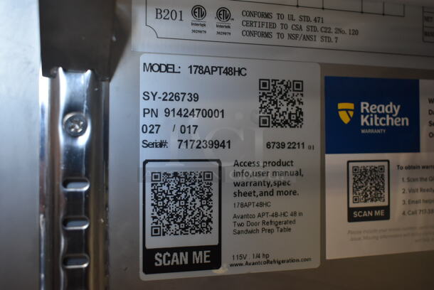 LIKE NEW! 2022 Avantco 178APT48HC Stainless Steel Commercial Sandwich Salad Prep Table Bain Marie Mega Top on Commercial Casters. 115 Volts, 1 Phase. Unit Has Only Been Used a Few Times! Tested and Working!  - Image 10 of 10