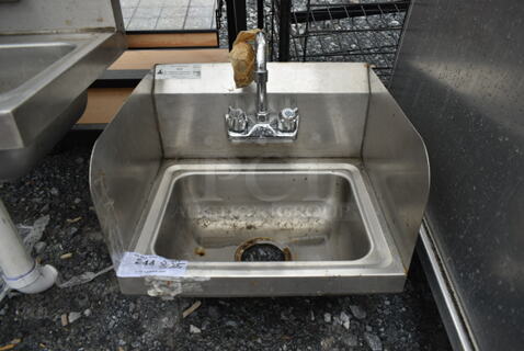 Stainless Steel Commercial Single Bay Wall Mount Sink w/ Side Splash Guards, Faucet and Handles.