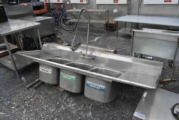 Stainless Steel Commercial 3 Bay Sink w/ Dual Drain Boards, Handles, Spray Nozzle Attachment and 2.5 Legs. Bays 16.5x19. Drain Boards 16.5x22.5 - Image 2 of 8