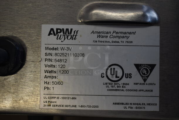 APW Wyott W-3V Stainless Steel Commercial Countertop Food Warmer. 120 Volts, 1 Phase. Tested and Working! - Image 5 of 5