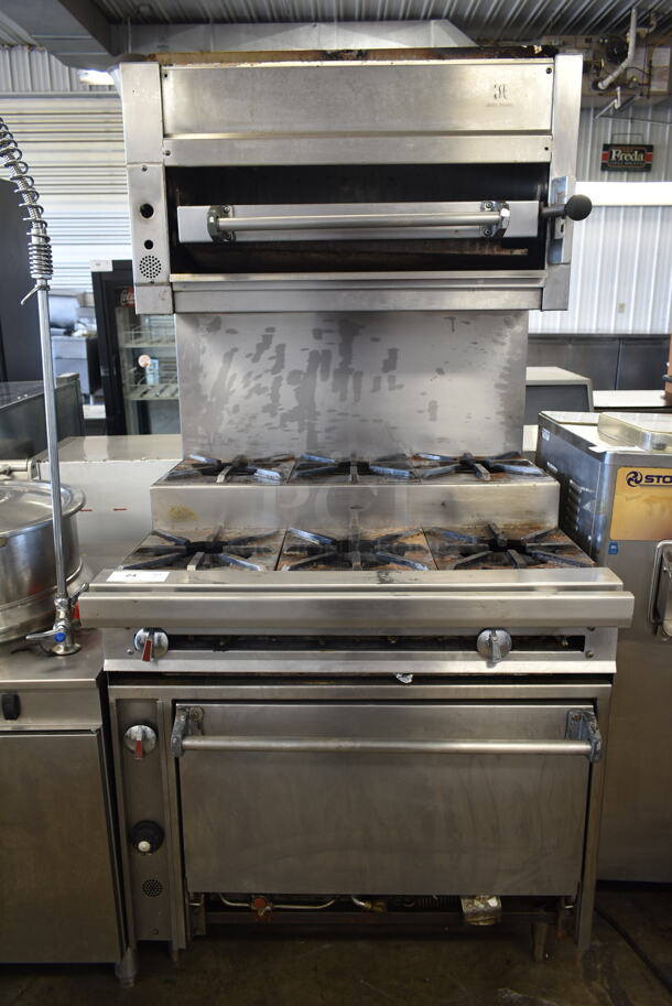 Jade Range Stainless Steel Commercial Natural Gas Powered 2 Tier 6  Burner Range w/ Salamander Cheese Melter and Oven. - Image 1 of 11