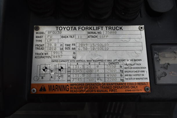 Toyota 8FGU30 Metal Commercial Propane Gas Powered Fork Lift w/ Fork Positioner and Key. 8,771.7 Hours. 5,500 Pound Weight Capacity. Weight 9,915 Pounds. Tires FR: 28x9-15 Solid. Tires RR 6.50x10 Solid. Tilt Hydraulic No Longer Attached. All Other Hydraulics are Functioning. Mast Tilt Requires Repairs. Propane Tank Is Not Included But You Can Use It To Drive The Forklift Onto Your Flatbed For Pick Up. Runs and Drives! - Image 8 of 12