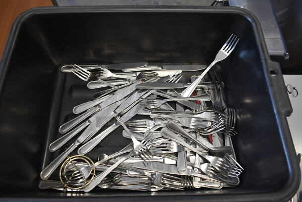 ALL ONE MONEY! Lot of Various Items Including Silverware and Metal Racks in Black Poly Bus Bin! - Image 6 of 7