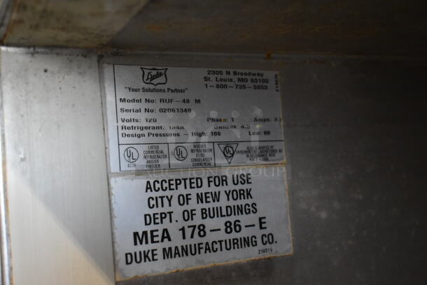 Duke RUF-48M Stainless Steel Commercial 2 Door Work Top Cooler on Commercial Casters. 120 Volts, 1 Phase. Tested and Powers On But Does Not Get Cold - Image 6 of 7