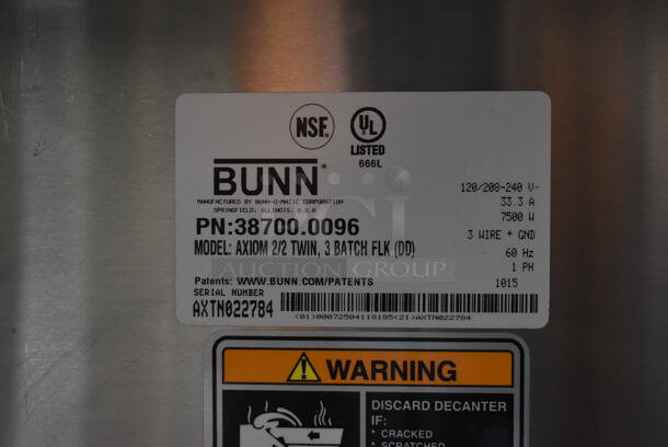 2015 Bunn AXIOM 2/2 TWIN Stainless Steel Commercial Countertop 4 Burner Coffee Machine w/ 2 Metal Brew Baskets. 120/208-240 Volts, 1 Phase.  - Image 8 of 8