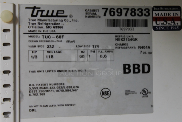 2013 True TUC-60F Stainless Steel Commercial 2 Door Undercounter Freezer on Commercial Casters. 115 Volts, 1 Phase. Tested and Working! - Image 7 of 7