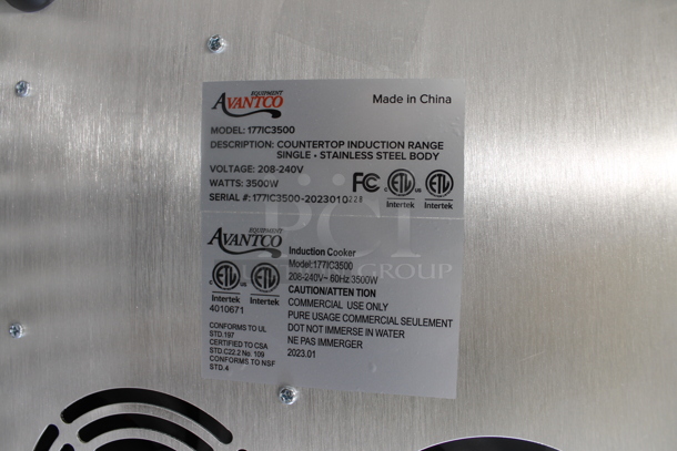BRAND NEW! 2023 Avantco 177IC3500 Stainless Steel Commercial Countertop Single Burner Induction Range. 208-240 Volts, 1 Phase. Tested and Working! - Image 3 of 3