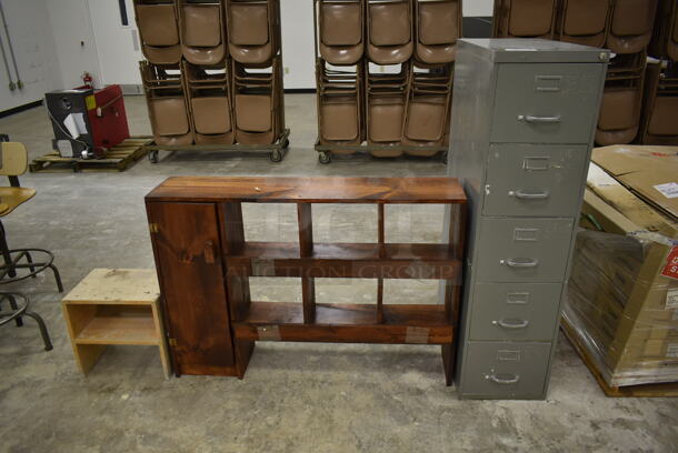3 Items; Gray Metal 5 Drawer Filing Cabinet, Wooden Over Shelf w/ Cabinet and Wooden Unit. 3 Times Your Bid! (Main Building) - Image 1 of 12
