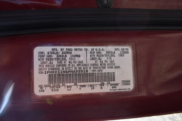 1992 Ford Ecoline E-150 Chateau Club Wagon Multipurpose Passenger Van w/ Hitch and Spare Tire. Odometer Reads 134,008. VIN 1FMEE11N6PHA00518. Title In Hand. Vehicle Runs and Drives But Battery Is Dead So It Will Need To Be Jumped. See Lot 2 For Additional Pictures. - Image 8 of 12