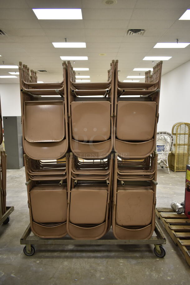 Metal Folding Chair Cart on Commercial Casters w/ Approximately 60 Brown Metal Folding Chairs. (Main Building) - Image 1 of 3
