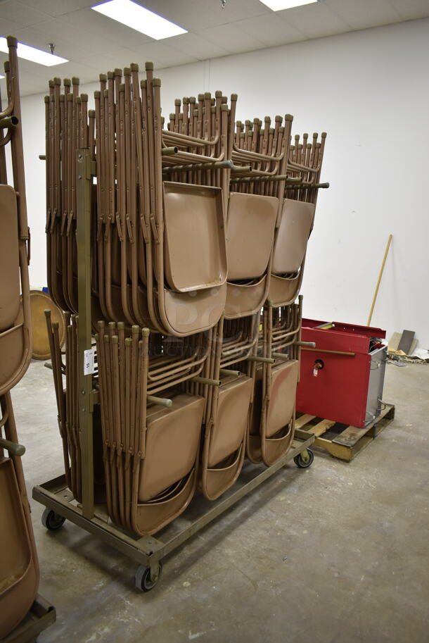 Metal Folding Chair Cart on Commercial Casters w/ Approximately 60 Brown Metal Folding Chairs. (Main Building) - Image 2 of 3