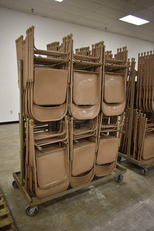 Metal Folding Chair Cart on Commercial Casters w/ Approximately 60 Brown Metal Folding Chairs. (Main Building) - Image 3 of 3