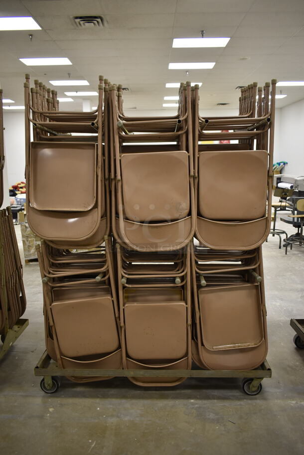 Metal Folding Chair Cart on Commercial Casters w/ Approximately 60 Brown Metal Folding Chairs. (Main Building) - Image 1 of 3