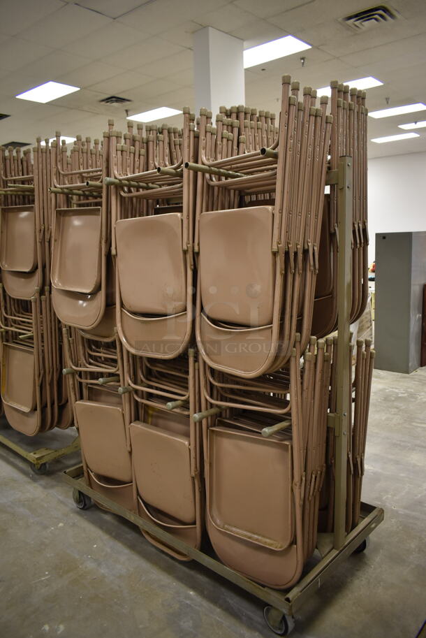 Metal Folding Chair Cart on Commercial Casters w/ Approximately 60 Brown Metal Folding Chairs. (Main Building) - Image 2 of 3