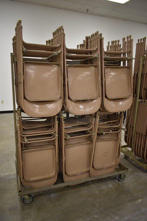 Metal Folding Chair Cart on Commercial Casters w/ Approximately 60 Brown Metal Folding Chairs. (Main Building) - Image 3 of 3